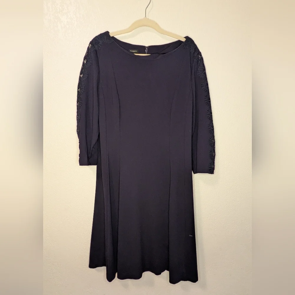 Talbot's Lace Sleeve Ponte Fit & Flare Navy Dress - Picture 8 of 8